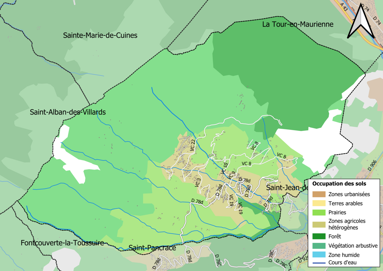 Carte des infrastructures et de l'occupation des sols en 2018 (CLC) de la commune.
